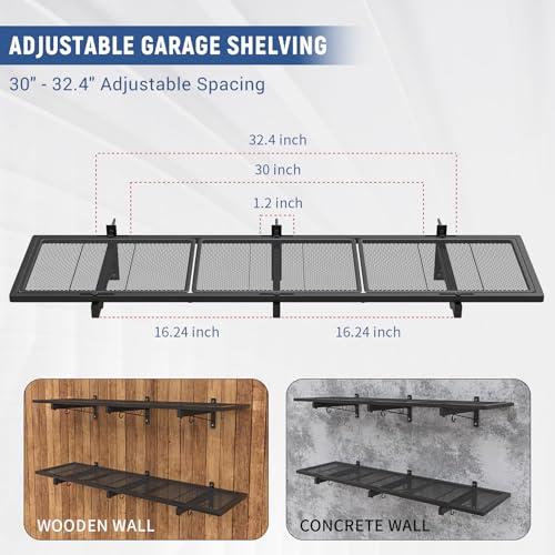 Image of 2 Pack Garage Wall Shelf, Heavy Duty Garage Shelving, 46 inchX 12.5 inch Wall Mounted Floating Shelves, Metal Hanging Storage Rack with 8 Hooks, Utility Organizer Max Load 320 LBS for Laundry Room, Workshop