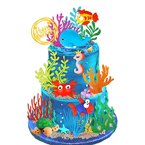 15 PCS Sea Ocean Theme Birthday Cake Decoration Toppers Fishing Cake Ocean Animals Sea Cake Decorations for Under the Sea Theme Baby Shower Birthday Party Supplies