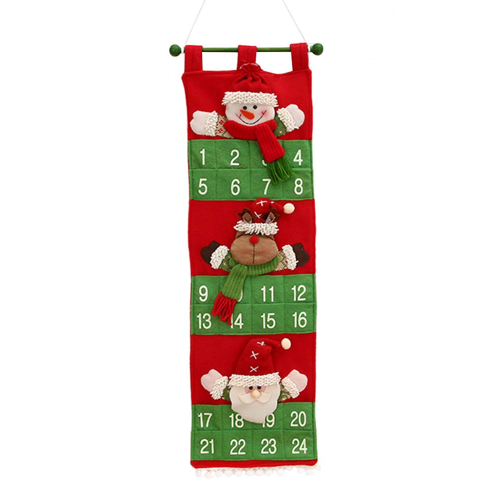 LUOEM Christmas Advent Calendar Hanging Santa Elk Snowman Christmas Countdown Calendar for Christmas Decorations (Red Background)