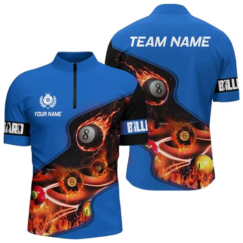 Personalized Master Billiard Balls Flame 3D Men Quarter Zip Shirts Blue Billiard Jerseys T0978