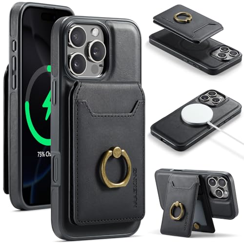 Funda tipo cartera 2 en 1 para iPhone 17 Pro Max, soporta carga inalámbrica, anillo giratorio de 360 grados, cubierta de separación magnética, color negro