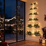 Janinka 5ft LED Lighted Wall Christmas Tree for Xmas Indoor Decor Small Kitchen Living Room Space Warm Hanging Pine Greenery Tree for Christmas Home Window Wall for Pet Cat Proof (Hook Not Include)