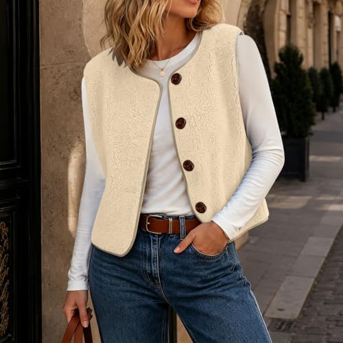 Womens Sherpa Fleece Vest Button Front Crew Neck Trim Casual Fall Layering - image 6