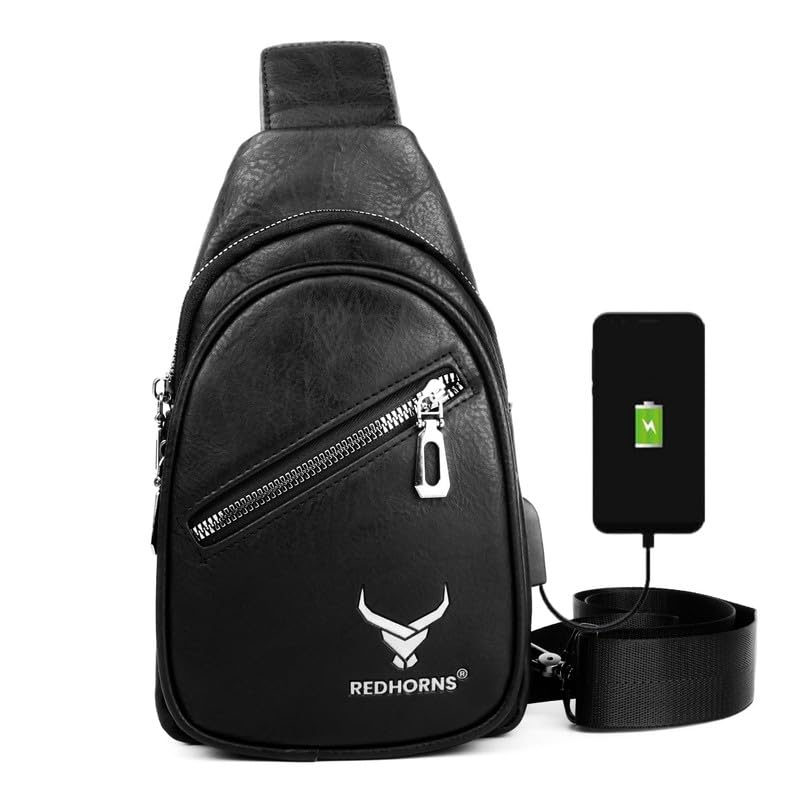 REDHORNSFaux Leather Cross Body Chest Bag Outdoor Cycling Sling Bag Shoulder Fashion Bags 2 External Zipper Pocket for Men and Women