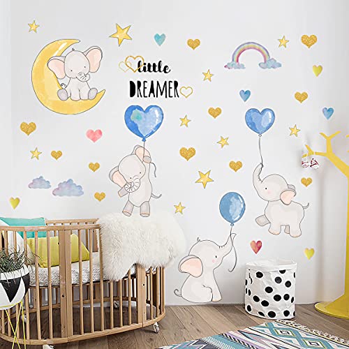Colorful Balloon Flying Animals Wall Decals, Cute Elephant Love Hearts And Stars Wall Stickers, Dilibra Removable Peel And Stick Cartoon Neutral Vinyl Wall Decor For Kids Nursery Bedroom Living Room #TOP1