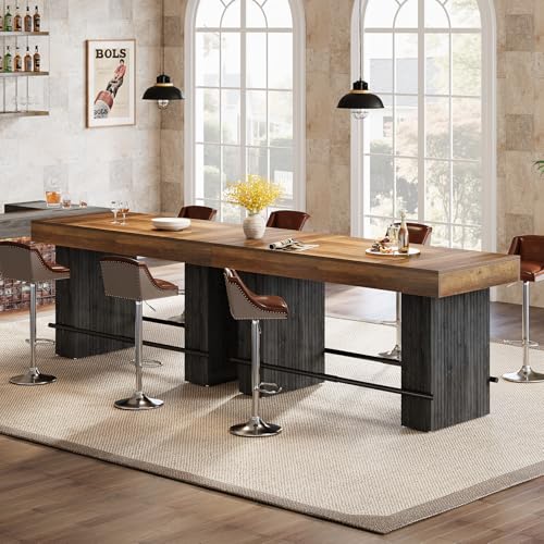 Image of Tribesigns 62.2 Inch Bar Table, Industrial Counter Height Pub Dining Table, Rectangular Home Bar Units with Metal Footrest for Home Kitchen, Dining Room, Bistro, Brown and Dark Grey