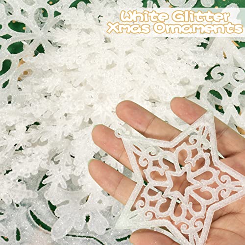 Christmas Tree Decoration Snowflake Ornaments - 42Pcs White Glitter Christmas Snowflake Tree Stocking Snowman Reindeer Santa Hanging Ornaments For Xmas Winter Wonderland Holiday New Year Party #TOP2