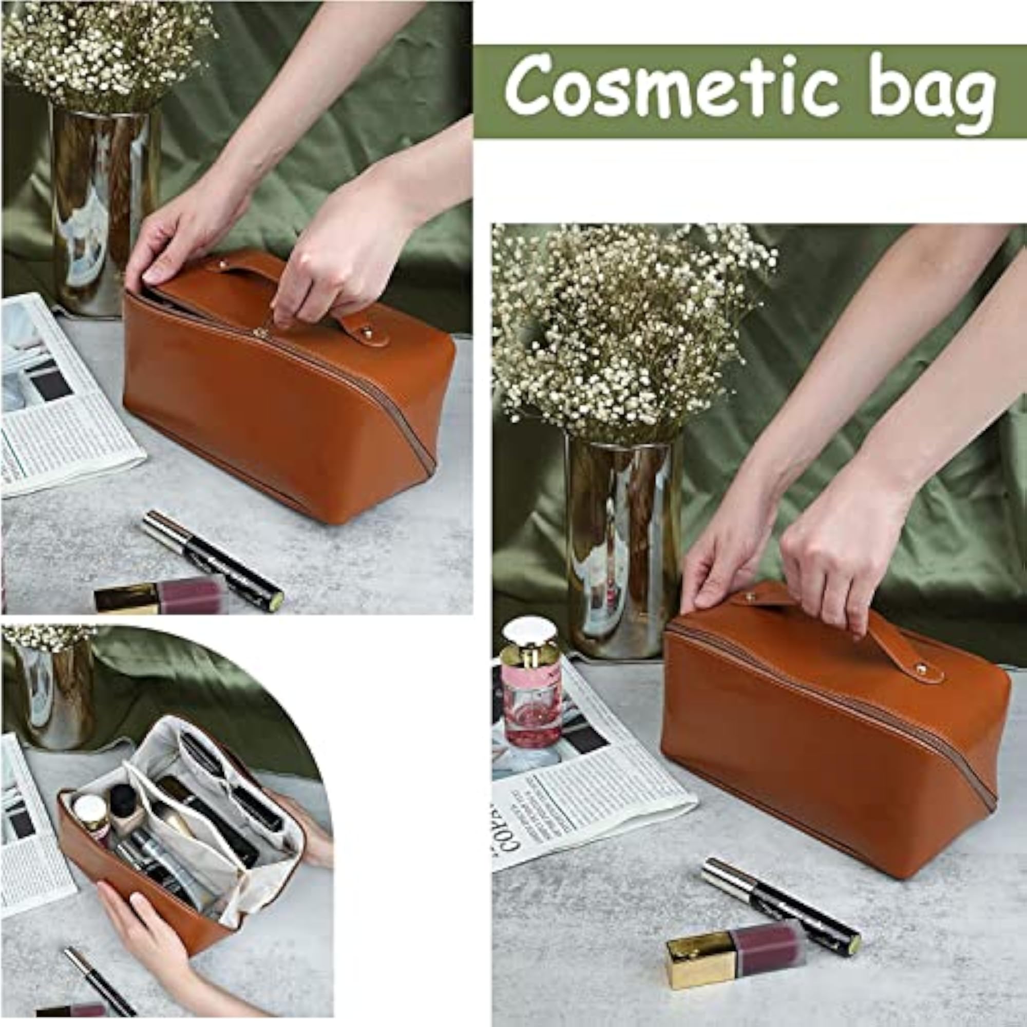 Portable Leather Makeup Travel Bag, Cosmetic Organizer