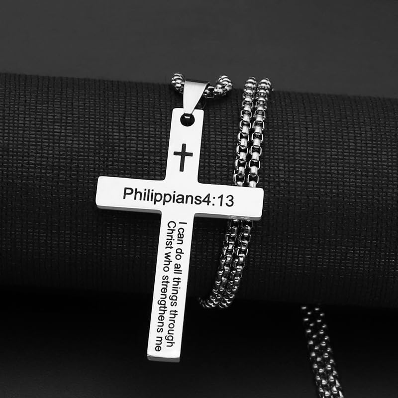 Cross Necklace Bible Verse Philippians 4:13 for Men Women Stainless Steel Shain Religious Christian Faith Easter Jewelry, Inspirational Baptism Gift - Image 2