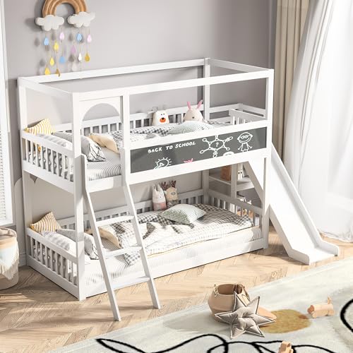 Litera 90x200 cm, casa cama 2 niños, cama infantil con tobogán, escalera y estantería, cama juvenil con estructura de listones y protección contra caídas, cama de niña en habitación infantil, blanco