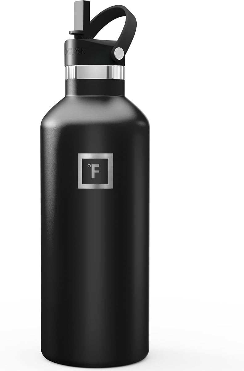 Botella de agua de boca estrecha de 32 oz con pajita | Botella de agua deportiva de acero inoxidable aislada con tapa de paja a prueba de fugas, sin BPA, fría las 24 horas, sin sudor (negro medianoche)