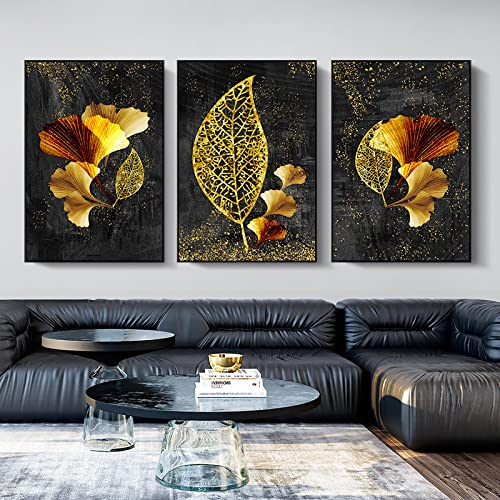 Toile Abstrait Golden Leaves Salon Mur Vide Déco Triptyque 60x80cm - 3