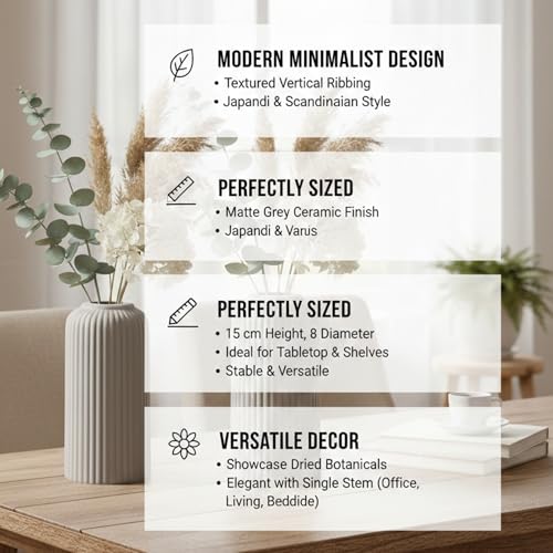 Image of KREATIVE ART'S Modern Ribbed Design Ceramic Flower Vase for Living Room, Flower Pots for Artificial Flower, Home Decoration Item, Home Decor, Vases for Living Room (Grey, Small)