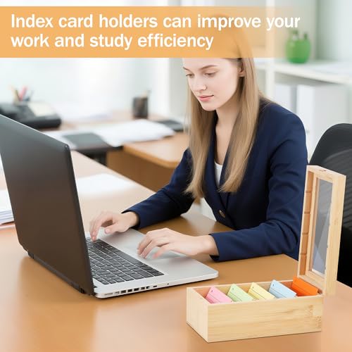 Huiguli A7 Karteikarten Box Holz mit Deckel Transparent 22cm*13cm*9cm Vokabelbox Lernkarteibox mit 5 Fächer für Büro Schulen und Heim（Karteikarten Nicht im Enthalten）