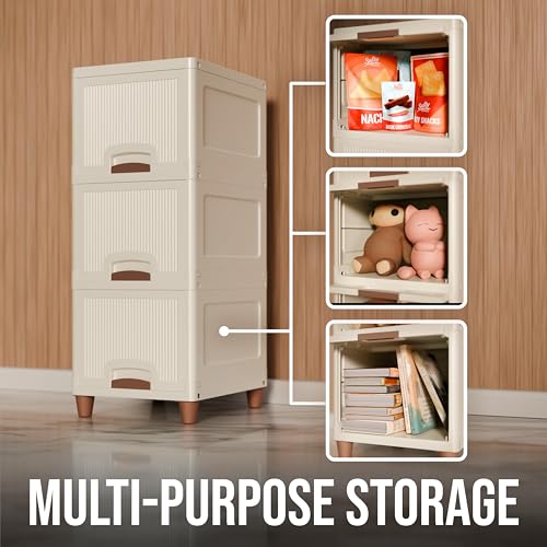 Image of Amazon Basics Multi-Purpose Organizer | Modular Storage Box for Clothes, Kitchen, Bedroom & Living Room | Stackable Rack, Space-Saving Wardrobe Cabinet (Off White), 3 Piece, 33LX38WX27H cm
