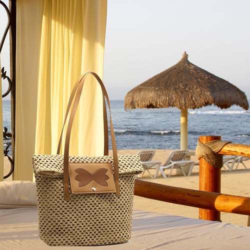 Image of Straw Beach Bag for Women, Large Tote Buckets Straw Purses Mesh Beach Handbag Shoulder Bags, Retro Women Clutch