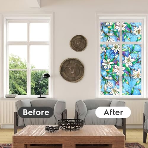 Image of CHIPAK Premium Vinyl Privacy Stained Window Glass Film (24x60 Inch) - Self-Adhesive Decorative Sticker Opaque Sheet Tint Wallpaper for Glass Cover Window, Door, Office.| Anti-UV. Blue Lily Flowers