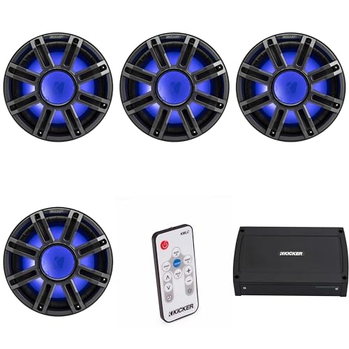 Kicker (4) 51MWF124 - MWF 12-Inch Premium Marine Subwoofer (Free-air) 4-ohm & 48KXMA12002 Marine Amp Bundle (Includes LED Remote)