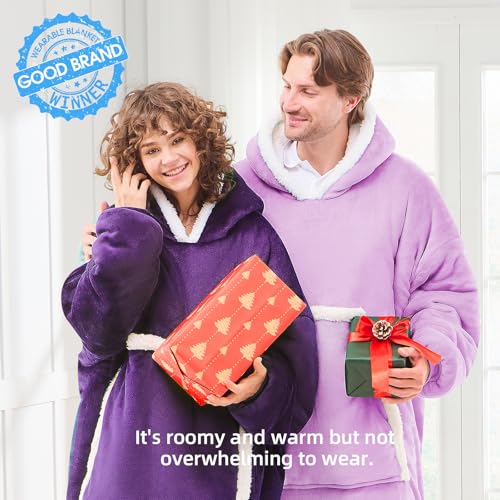 JOYWOO Purple Wearable Blanket Hoodie,Oversized Cat Lovers Sweatshirt Blanket for Adult & Teens,Birthday Gifts for Women Men Mom Girl Boys,Cozy Sherpa Blanket Giant Pocket Gifts,Dark Purple Small