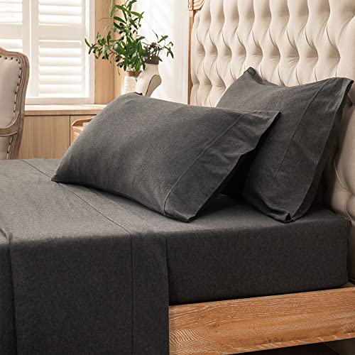 PURE ERA Jersey Knit 4pc Bed Sheet Set 100% T-Shirt Heather Cotton Super Soft Comfy Breathable Fits Mattress Up to 20" Extra Deep Pocket (Charcoal Dark Grey, Cal King)