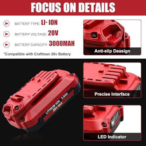 2-Pack 3.0Ah Lithium Replacement Battery for Craftsman 20V Battery CMCS300B and CMCG400B