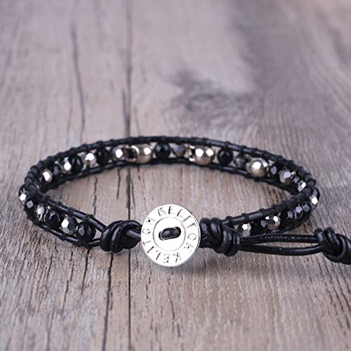 Image of KELITCH 925 Silver Skull Bracelets Wrap Bracelets Women Crystal Beaded Bracelets on Natural Leather