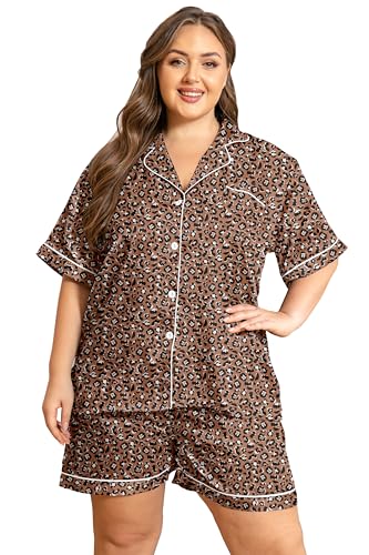 Image of Vozanet Women's Short Sleeve Satin Pajama Sets Silky Ladies Button Down Loungewear Plus Size Nighty Shorts Sets XL to 5XL