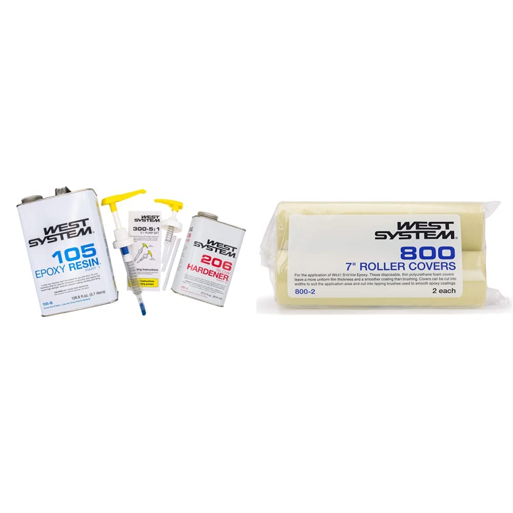 West System 105-B Epoxy Resin Bundle with 206-B Slow Epoxy Hardener and 300 Mini Pumps Epoxy Metering Pump Set, Pale Yellow & Roller Cover (2/PK)
