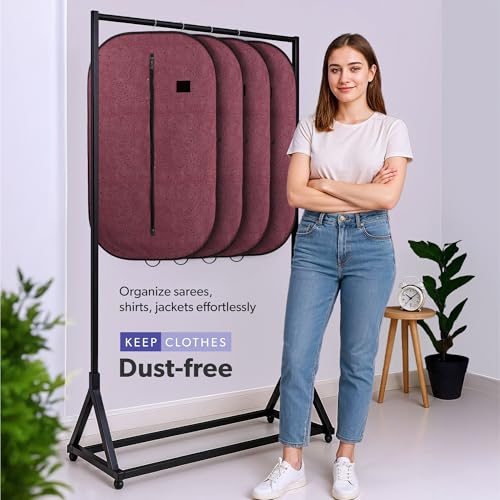 Image of Kuber Industries 6 Pcs Non Woven Blazer Cover with Zip | Hanging Coat Bags for Jacket, Saree, Shirt, Garments Clothes | Unisex Dress Wardrobe Organizer Folding Suit Covers | Emboosed - Maroon