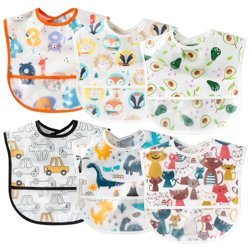 Image of 2ooya 6 Pcs Baby Feeding Bibs Toddler Waterproof Bib Set with Crumb Catcher Pocket Infant Adjustable Baby Teething Bib Babies Food Bibs Keepsake Gift for Baby Shower Christmas New Year, 6-12 Months