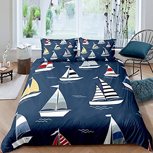 Sailboat Duvet Cover Nautical Decor Bedding Set Adventure At Sea Bedclothes Double Kids Boys Girls Teens Summer Vacation Bedroom Decor Ocean Marine Themed Bedclothes 3Pcs