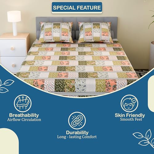Image of Kuber Industries Cotton 144 TC Double Bedsheet With 2 Pillow Covers | Machine Washable Soft Bedsheet For Living Room, Home & Hotels | Barik Flower Print - Green