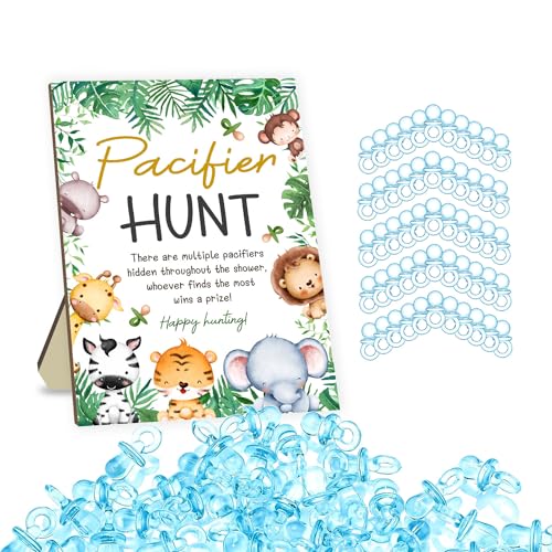 Image of Pacifiers Baby Shower Games Set, Includes Pacifier Hunt Sign and 50Pcs Blue Mini Pacifier, Cute Animals Theme Decor Baby Pacifier Hunt Sign, Gender Reveal Activities Games for Boys