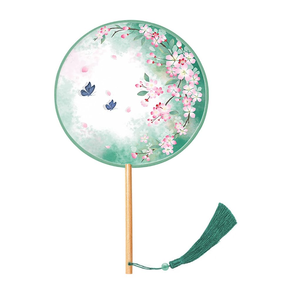 Embroidered Silk Fan, Green, Wood Handle