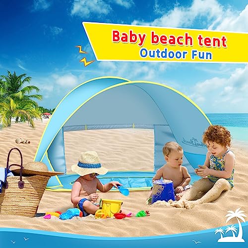 Image of Monobeach Baby Beach Tent with Sun Hat Pop Up Portable Shade Pool UPF50+ UV Protection Sun Shelter for Infant with Easy Set Up Canopy (Blue)
