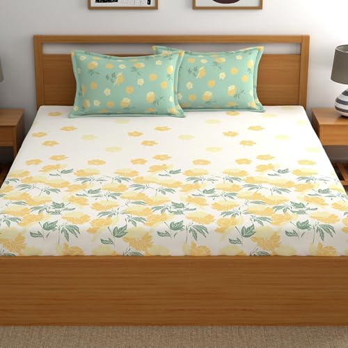 Image of Dreamscape 100% Cotton Queen Fitted Bedsheet with 2 Pillow Covers - (Size 60 x 78 inches, 140 TC, Colour - Beige)