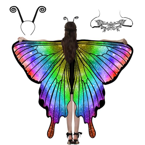 Huanuoda Schmetterling Kostüm Damen,Karneval Kostüm,Schmetterling Umhang Schal,halloween kostüm damen,Fasching Kostüm Mit Maske Stirnband,Fee...