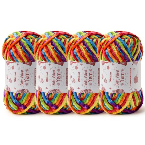 Image of 4x100g Fluffy Velvet Chenille Yarn for Crocheting and Knitting, 4x80m (87.5yd) Baby Yarn for Crocheting Soft, Crochet Chunky Yarns Amigurumi Yarns (4 Rainbow 2)