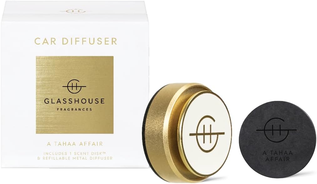 Glasshouse Fragrances A Tahaa Affair Car Diffuser - Aroma Diffuser with Vanilla Bean, Frankincense and Coconut Scent Disk - Portable, Adjustable Metal Unit for Vehicle