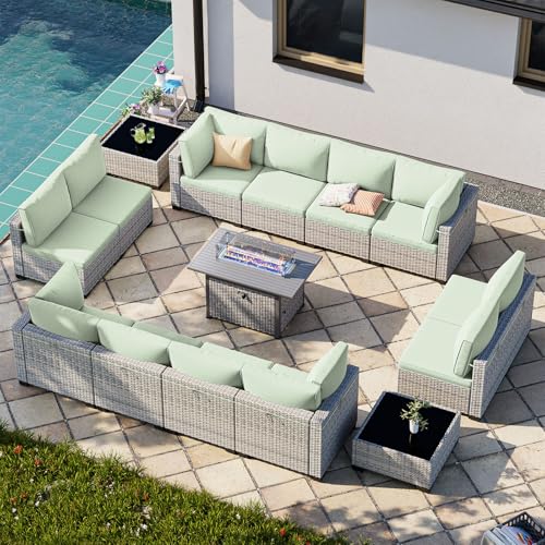 Image of Outdoor PE Wicker Rattan Modular Patio Sectional Sofa Set | 15-Piece: 12 Modular Seats, 2 Coffee Tables & 55,000 BTU Fire Pit Table, Light Green