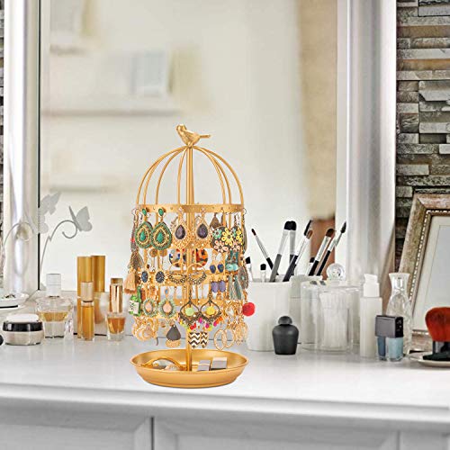 4 Tier Earring Stand Rotating Earring Holder Gold Earring Organizer Rack Hanger Bird Cage Jewelry Display Stand Holder Organizer Tower with Tray/Dish for Earrings Bracelet Rings 128 Holes (Gold)