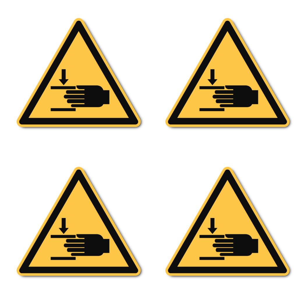 Warning against hand injuries: W024 - DIN EN ISO 7010 / ASR A1.3 - sticker: diameter 10 cm, pack of 4, Einheitsgröße