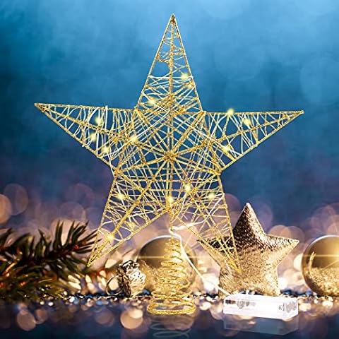 DERAYEE Christbaumspitze, LED Goldener Weihnachtsbaumspitze, Baumspitze Weihnachten für Weihnachtsdeko, Tannenbaum Spitze Cover