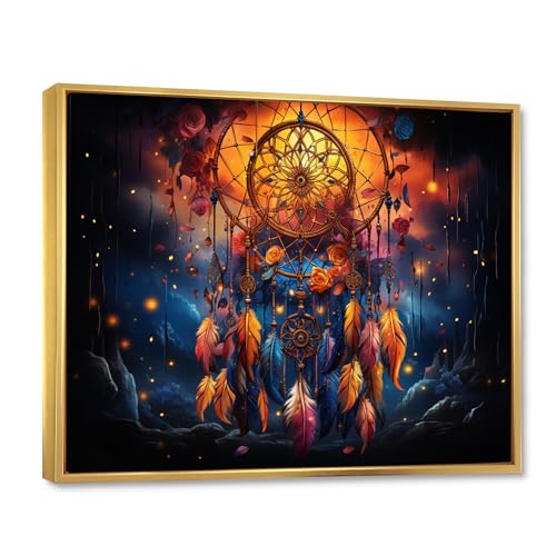 Dream catcher Oversized framed wall art decor, Dream catcher framed wall Art, Bohemian Rhapsody Dreamcatcher I, Gold Traditional Gold framed wall art, 40x30 inches Gold Frame