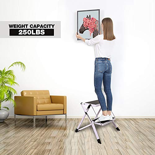 CAMPMOON Small Step Ladder for Kitchen, Sturdy Folding 2 Step Stool for Adults with Wide Anti-Slip Pedal, White