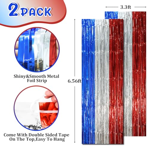 Image of Voircoloria 2 Pack Blue Red Silver Foil Fringe Backdrop Curtains, Tinsel Streamers Party Decorations, Fringe Backdrop, Door Shimmer for Independence Day or Birthday Party