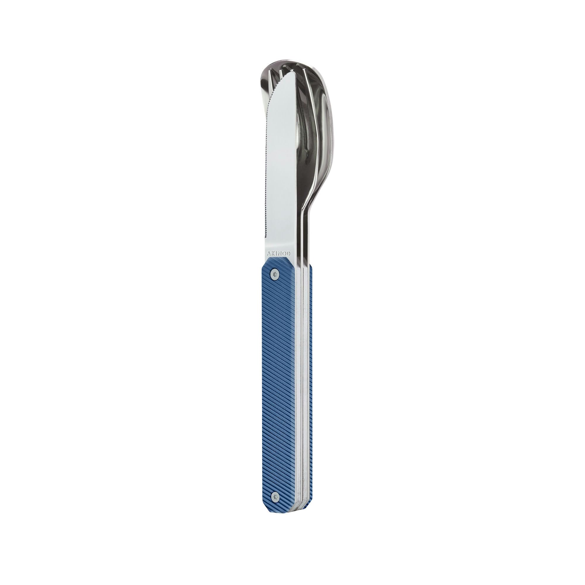 Akinod - Couverts 12:34 - Fourchette + Couteau + Cuillère - Assemblage Aimanté - Couverts en Acier Inoxydable Nomades, Compacts, Durables et Élégants - Aluminium bleu