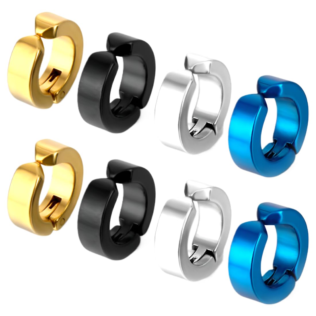 OPVYAEU 4 pares de Pendientes de acero inoxidable para hombre,Redondos,Color negro plateado,Sin agujero,Pendientes falsos,Pendientes de acero inoxidable para hombre sin perforar con clip