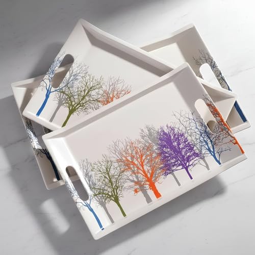 Image of U.P.C Premium Melamine Serving Tray Set of 3, Rectangular Serving Trays with Handles for Tea, Coffee, Drinks, Snacks & Breakfast, Durable Lightweight Kitchen Trays (FL21)