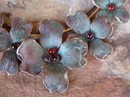 Elaine Coyne Collectible Artwear Verdigris Patina Brass Graduated Dogwood Flowers Necklace - Amethyst, Carnelian, Garnet3